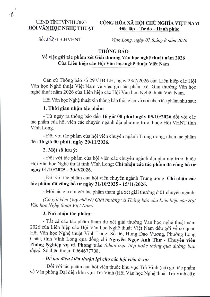 THONG BAO VV GUI TAC PHAM XET GIAI THUONG VHNT NAM 2026 CUA LHCHVHNTVN KEM QĐ BAN HANH QUY CHE (SUA DOI) TRAO GIAI THUONG TP CONG TRINH VHNT HANG NAM CUA LHCHVHNTVN-1.jpg